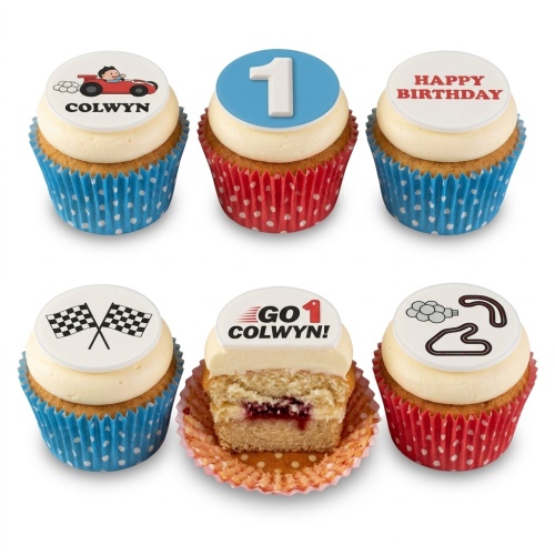 Six racing theme cupcakes with race car, checkered flags, race track, and custom age topper.