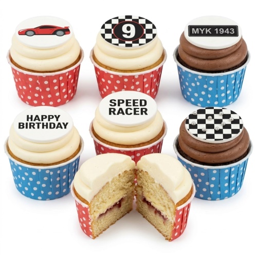 Racing car themed birthday cupcakes with custom age and 'Happy Birthday' toppers.