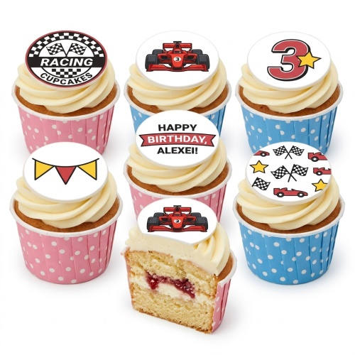 Cupcakes with racing car, checkered flag, and custom age 3 toppers in pink and blue cases.