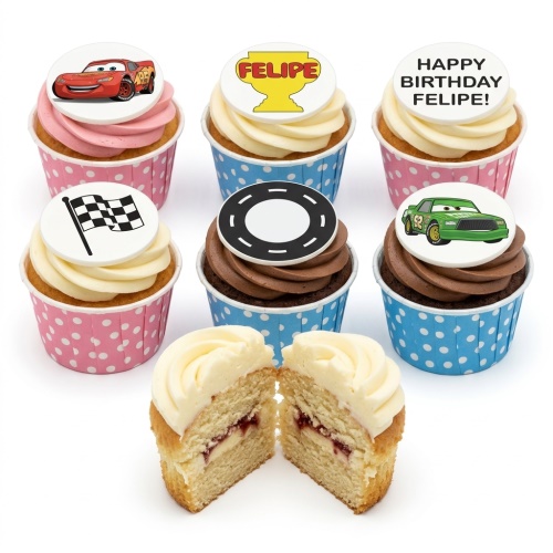 Disney Cars themed cupcakes with racing cars, trophy, flag, and road sign toppers.