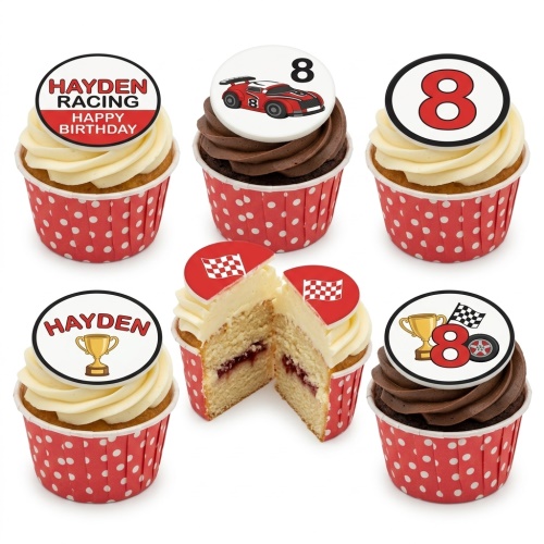 Six racing car themed birthday cupcakes with custom age and name toppers.
