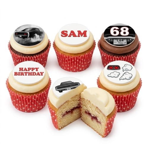 Six classic car themed birthday cupcakes with white frosting and red polka dot cases, some with custom age and name examples.