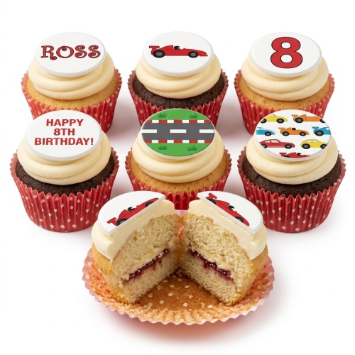 Racing car themed cupcakes with custom age and personalised name examples on white frosting, in red polka dot cases.