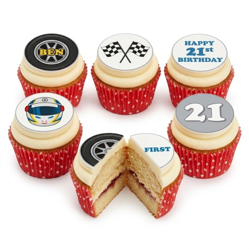 Six racing theme cupcakes with car tyres, checkered flags, racing helmet, and custom age toppers.