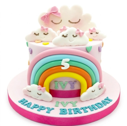 Pink single-tier cake with a rainbow, sleepy cloud toppers, and a custom age topper.