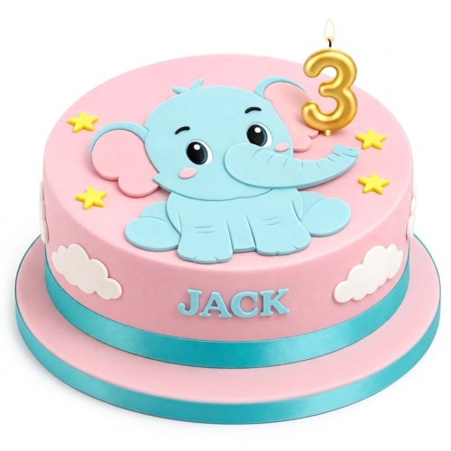 Pink round birthday cake with a blue baby elephant, yellow stars, white clouds, and a custom age candle.