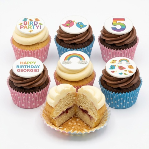 Six bird and rainbow theme birthday cupcakes with cream and chocolate frosting, some with 'Bird Party!' and a custom age topper.