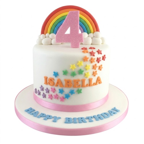 White birthday cake with a rainbow, white clouds, colourful stars, and a pink custom age topper.