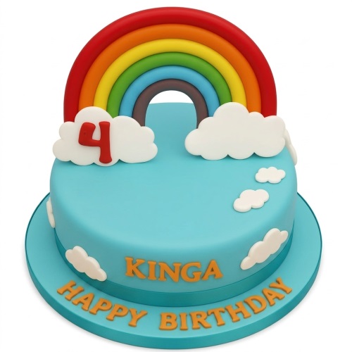 Round blue cake with a colourful rainbow and white clouds, featuring a custom age topper.