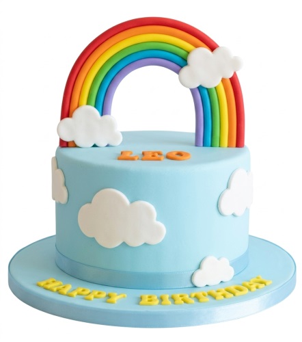 Round blue birthday cake with a colourful rainbow arch, white clouds, and a personalised message.