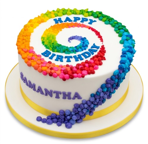 Round white birthday cake with rainbow swirl icing dots and custom 'Happy Birthday' message.