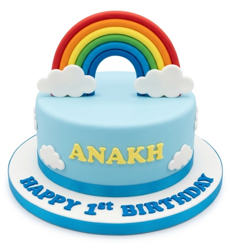 Light blue 1st birthday cake with a rainbow, white clouds, and a personalised name.