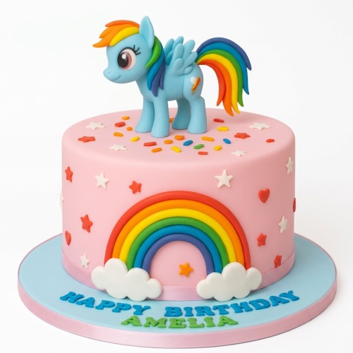 Pink My Little Pony Rainbow Dash birthday cake with rainbow, stars, and sprinkles.