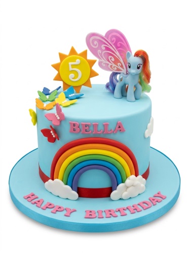 Light blue My Little Pony cake with rainbow, butterflies, sun with custom age, and personalised message.