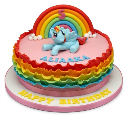 Round pink My Little Pony birthday cake with Rainbow Dash figure, rainbow ruffles, and custom age topper.