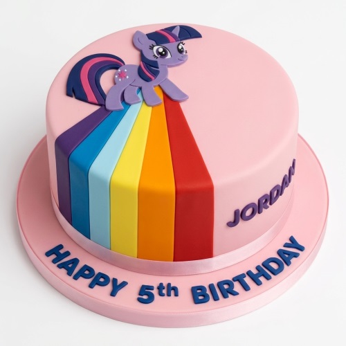 Pink My Little Pony birthday cake with a rainbow and custom message.