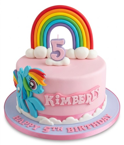 Pink My Little Pony birthday cake with Rainbow Dash, a rainbow, clouds, and a custom age candle.