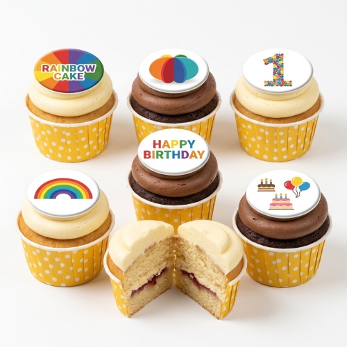 Assortment of rainbow-themed birthday cupcakes with 'Happy Birthday' and custom age '1' toppers.