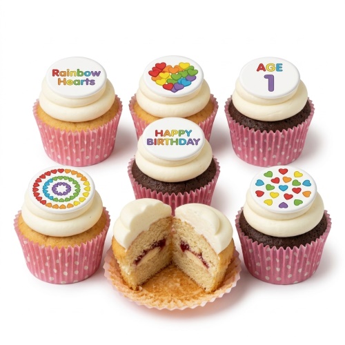 Six cupcakes with white frosting and rainbow heart toppers, one showing 'Happy Birthday' and another 'AGE 1'.