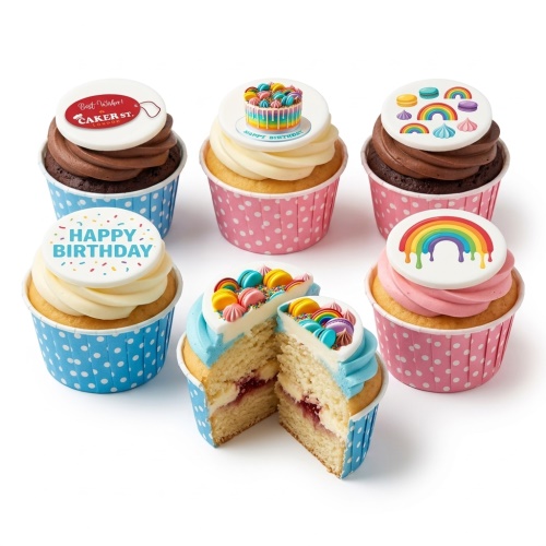 Colourful rainbow and macaron birthday cupcakes with "Happy Birthday" topper.