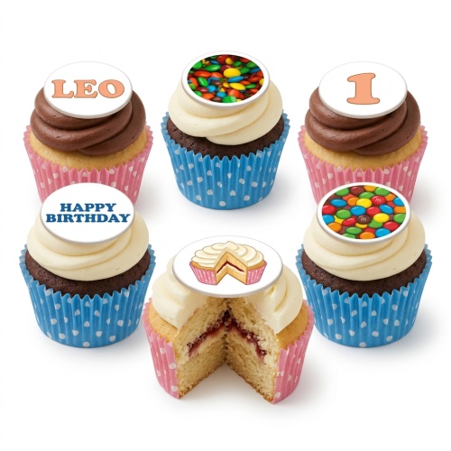 Assortment of birthday cupcakes with custom name, age, message, and candy toppers.