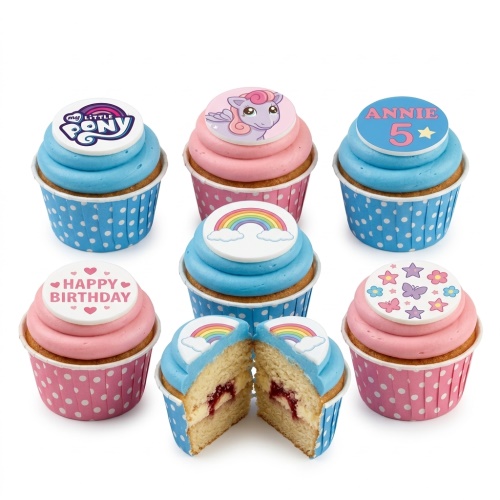 My Little Pony themed birthday cupcakes with pink and blue frosting, rainbow, stars, and customisable name and age toppers.