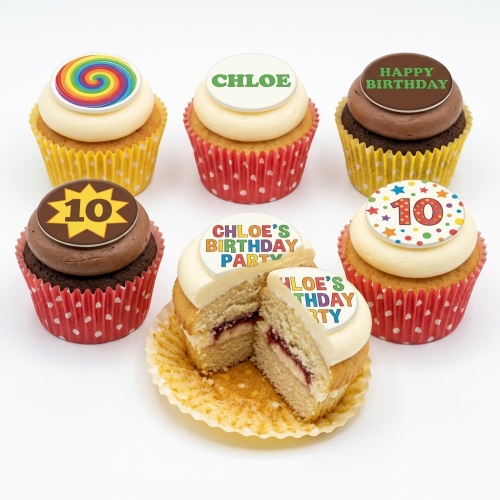 Six colourful birthday cupcakes with custom age, name, and message toppers.