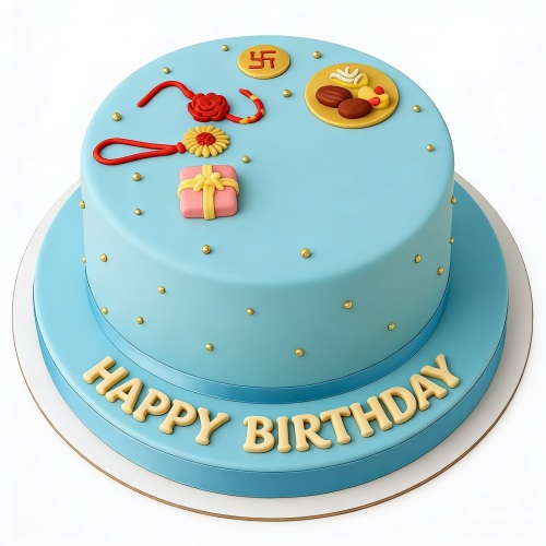 Light blue two-tier birthday cake with Rakhi, Swastika, gift, and golden pearls.