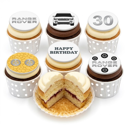 Range Rover themed birthday cupcakes with car outline, logo, wheels, and custom age topper.