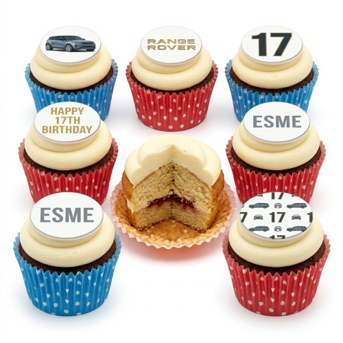 Range Rover themed birthday cupcakes with car images and custom age toppers.