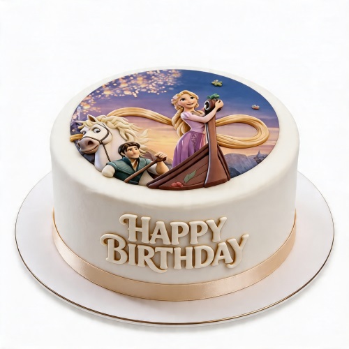Round white birthday cake with Rapunzel, Flynn Rider, Maximus, and floating lanterns decoration.