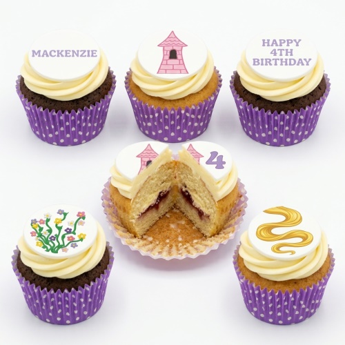 Princess themed birthday cupcakes with castle, golden hair, and floral designs, in purple wrappers.