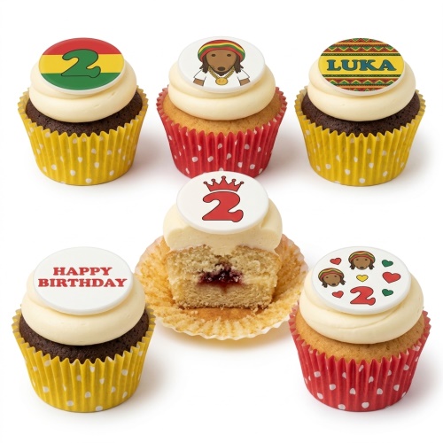 Selection of birthday cupcakes with reggae-themed toppers, including a cartoon dog, flags, and customisable age numbers and 'Happy Birthday' messages.