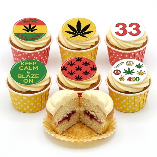 Cupcakes with cannabis leaf toppers, peace signs, 'High Birthday', 'Keep Calm & Blaze On', and '420' messages.