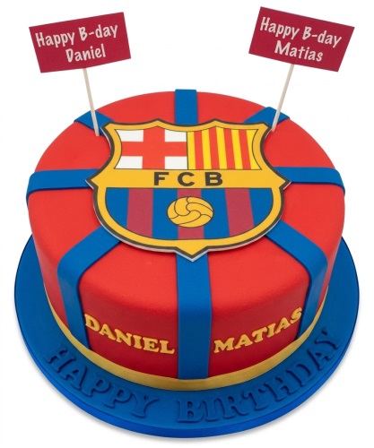 Round red and blue FC Barcelona football birthday cake with FCB logo and custom message.