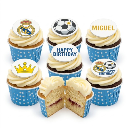 Real Madrid football themed birthday cupcakes with club crest and football toppers.