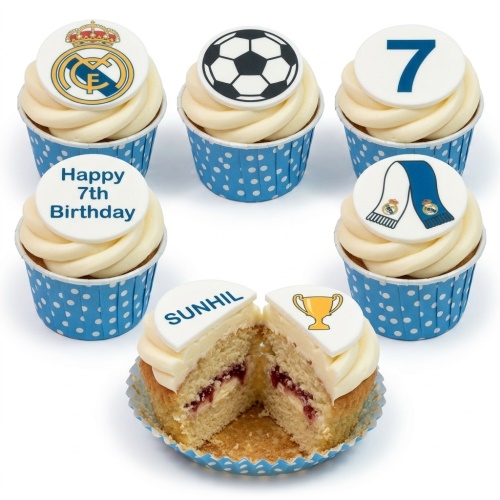 Cupcakes with white frosting and blue polka dot cases, topped with Real Madrid crest, football, scarf, trophy, and customisable age and name examples.