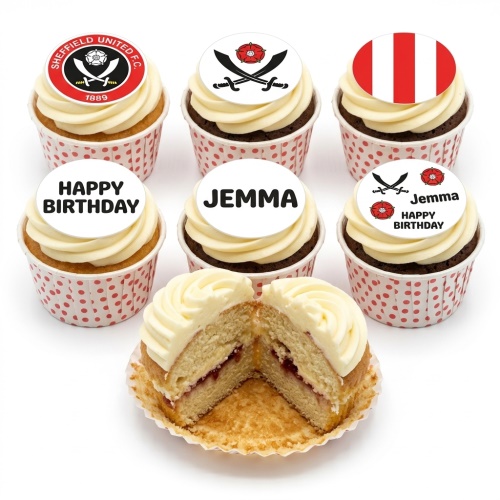 Sheffield United themed birthday cupcakes with club crest and red and white toppers, some with 'Happy Birthday' and 'Jemma'.