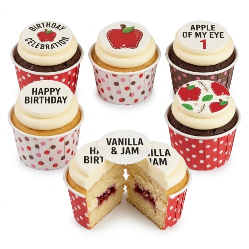 Delicious apple theme birthday cupcakes with custom age and message toppers.