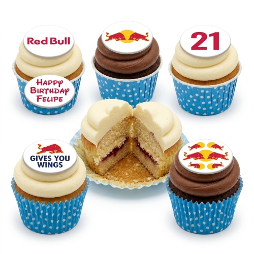 Red Bull themed cupcakes with vanilla and chocolate frosting, featuring custom age and personalised message toppers.