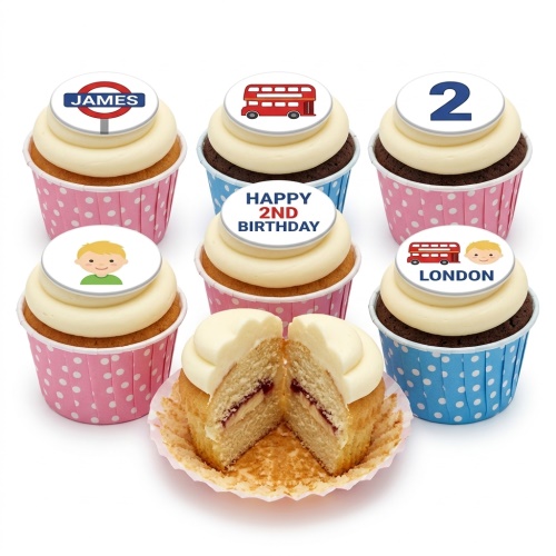 London Bus themed cupcakes with red buses, London Underground sign, and a cartoon boy.