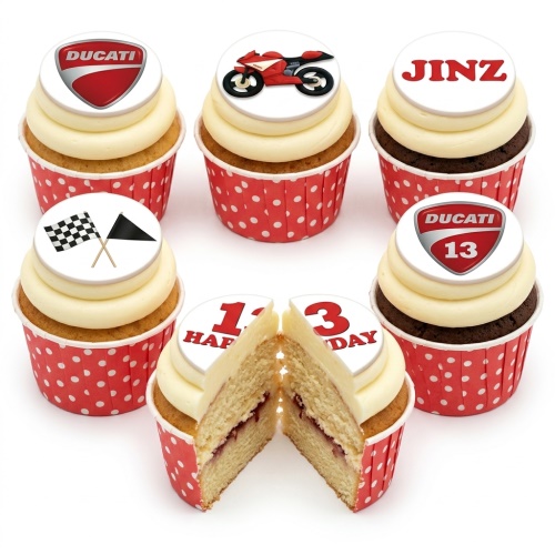Cupcakes with Ducati logo, red motorbike, racing flags, and custom age/name toppers.