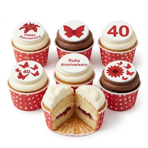 Cupcakes with red lily, butterfly, and '40' toppers for a Ruby Anniversary celebration.