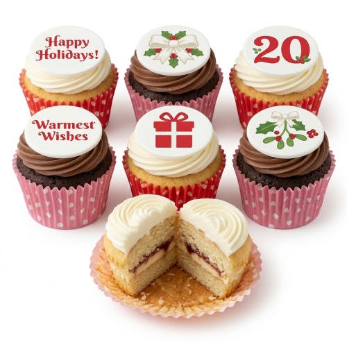 Assortment of Christmas cupcakes with holly, mistletoe, gift box, and holiday message toppers.