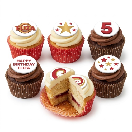 Birthday cupcakes with star and custom message toppers in red, gold, and white.