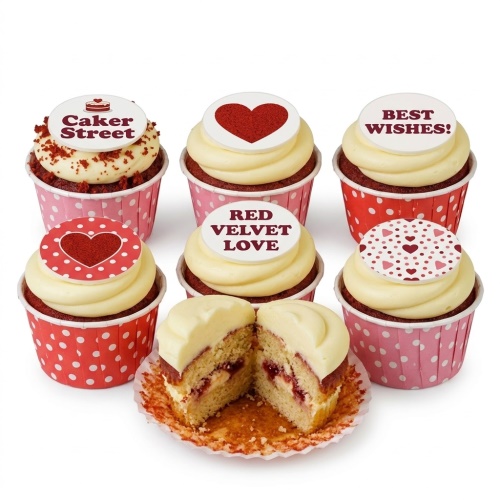 Red velvet cupcakes with cream frosting, red heart toppers, and "RED VELVET LOVE" message.