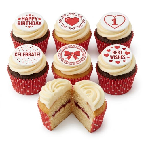 Assorted birthday cupcakes with white frosting, red polka dot wrappers, and various celebration toppers including hearts, bows, and 'Happy Birthday' message.