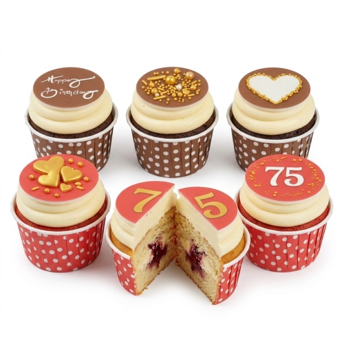 Six cupcakes with white frosting, red and brown toppers, decorated with gold hearts, sprinkles, 'Happy Birthday' text, and custom age numbers.