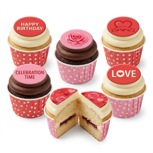 Vanilla and chocolate cupcakes with cream and chocolate frosting, topped with red and pink heart and rose designs, and 'Happy Birthday', 'Celebration Time', 'Love' messages.