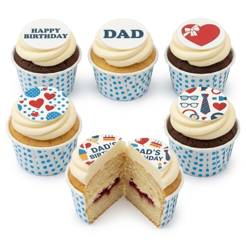 Cupcakes with 'Happy Birthday' and 'Dad' toppers, decorated with ties, glasses, and hearts.